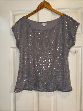 Express Silver Sequin Short Sleeve Tee. Euc